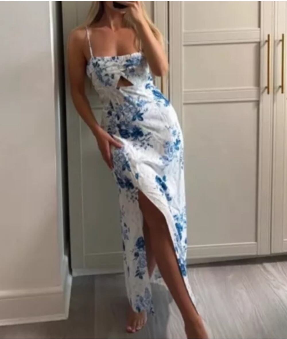 ZARA Floral Print Midi Dress Ruched V Neck Cut Out Spaghetti Strap Linen Blend